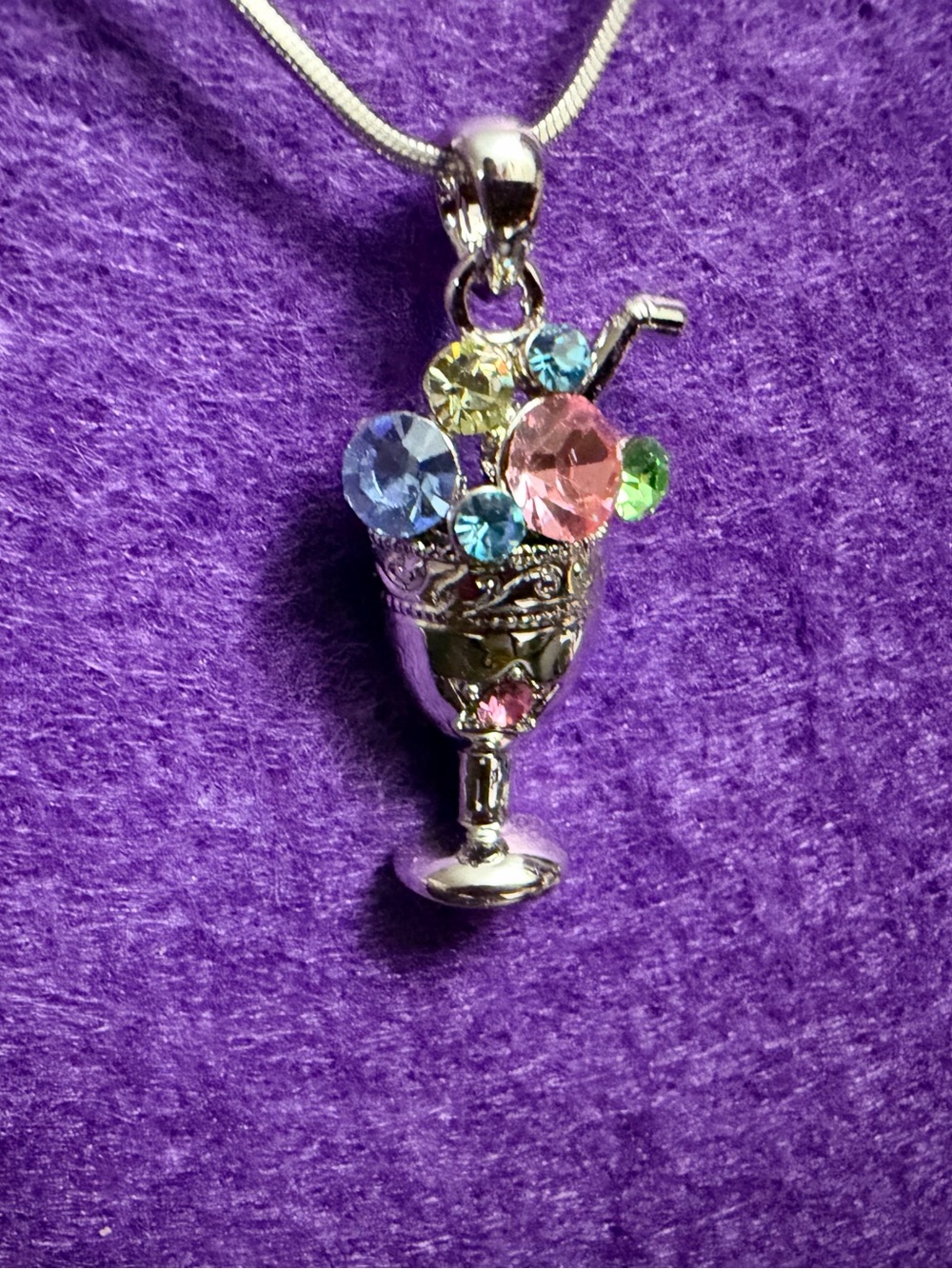 Ice Cream Sundae Y2K Swarovski Crystal Necklace Jewelry 16” chain Silver Vintage